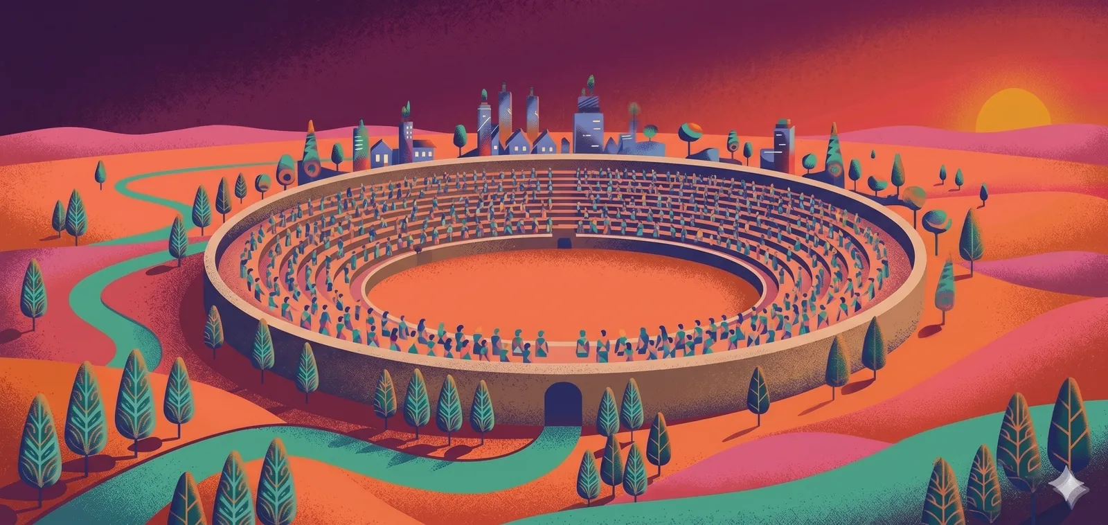 Illustrazione: vista dall'alto di un anfiteatro circolare con sedute concentriche, evocazione di un Comitium contemporaneo