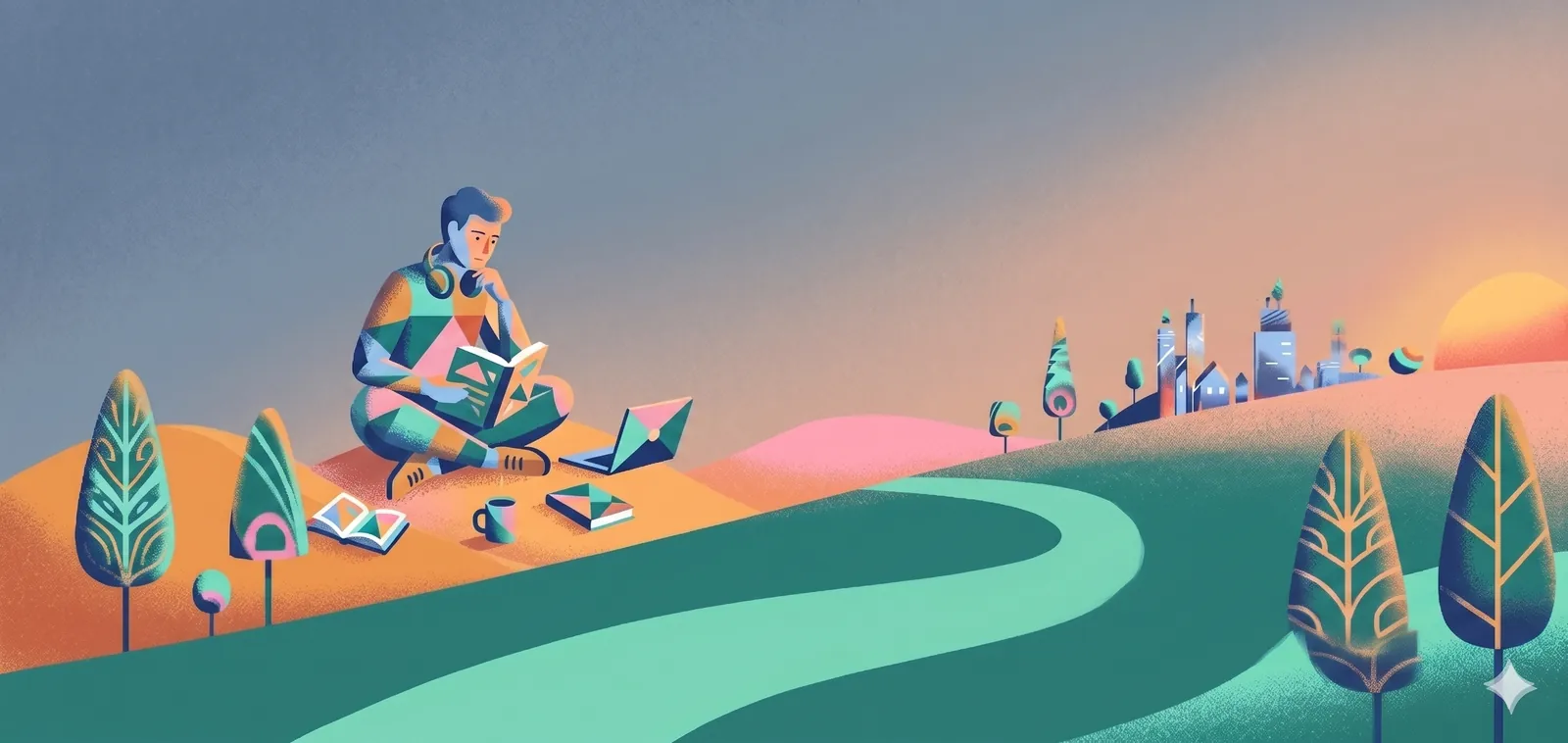 Illustrazione: una figura studia da sola con un computer, evocazione di una scelta informata