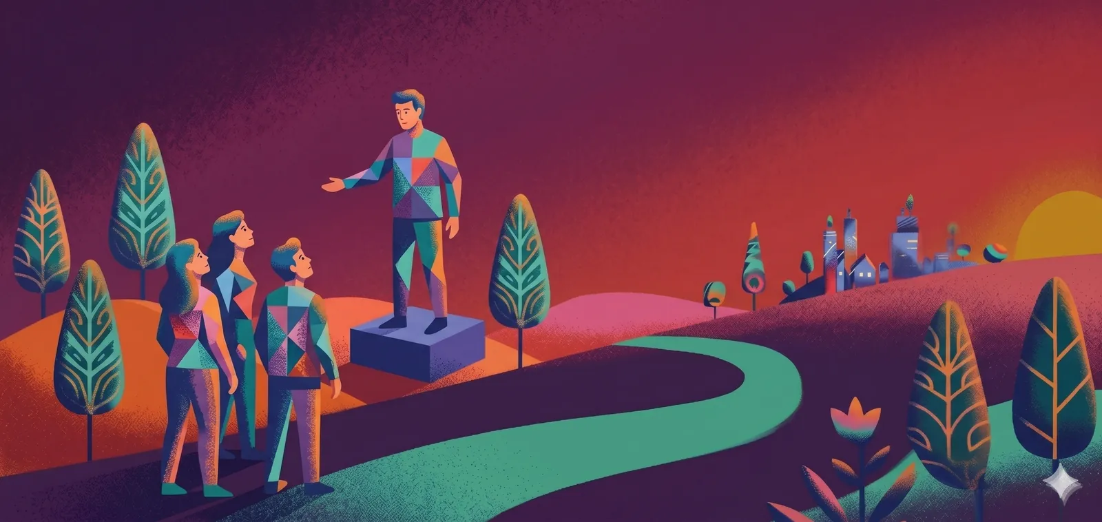 Illustrazione: una figura su un piccolo podio parla a un gruppo di ascoltatori